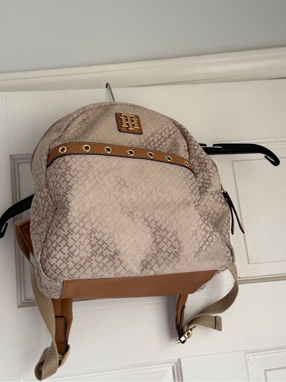 Tommy Hilfiger Beige Monogram Logo Backpack with Tan Trim